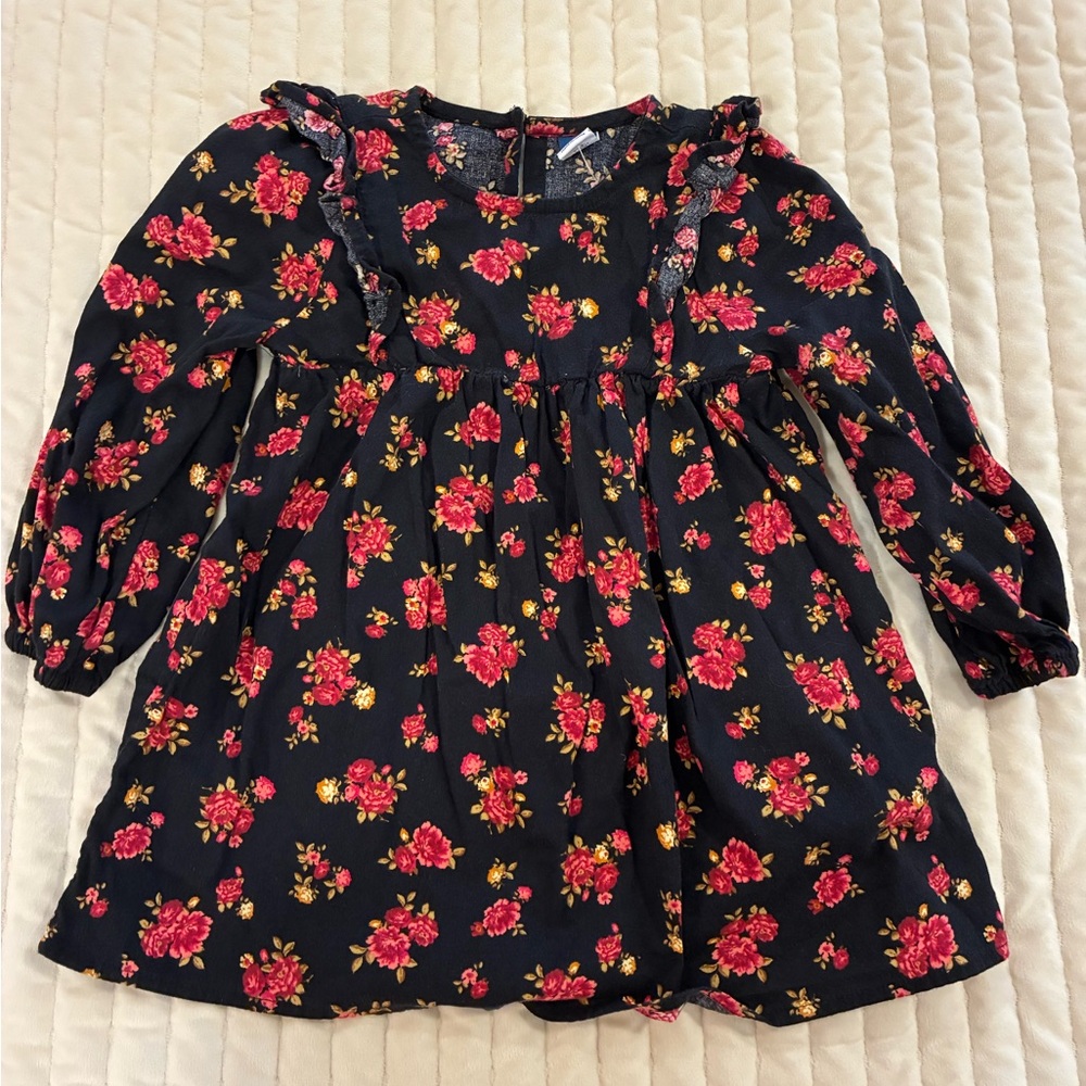 Old Navy Black Dress with Red and Yellow Floral Design 18-24 month
